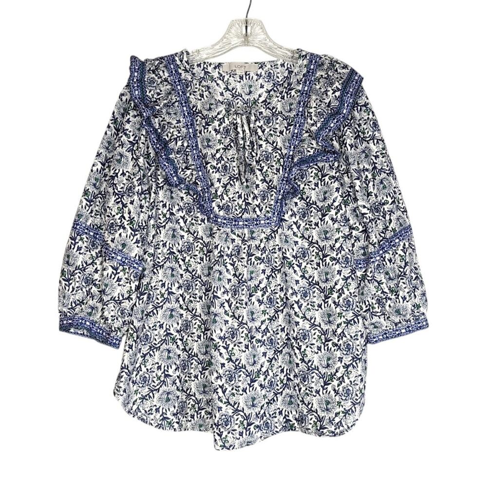 Loft Blouse Size Large Ruffle Bib Neckline Floral Print Cotton Cottage Shabby